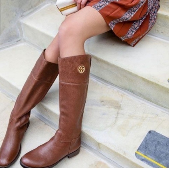 Tory Burch Shoes - TORY BURCH Junction Brown Leather Extended Calf Riding Boot Almond Size 9.5
